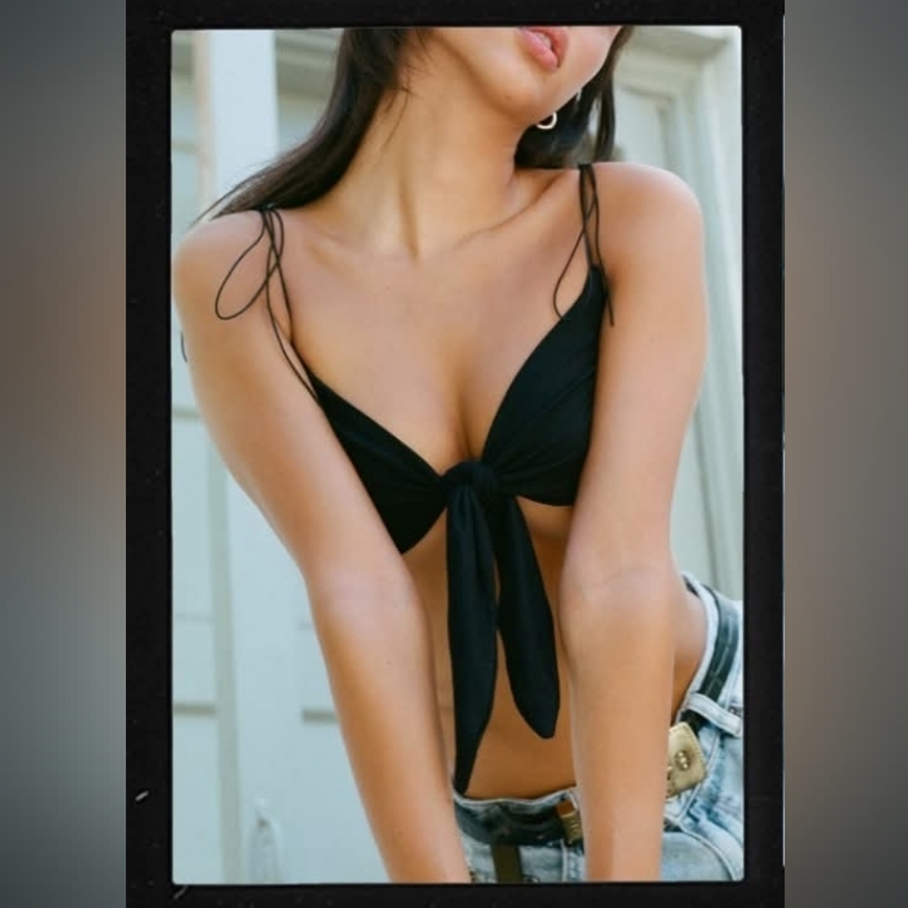 Joah Brown Front Tie Corded Crop Top /  Bra Bralette W Bow Shoulder Ties - Picture 11 of 11